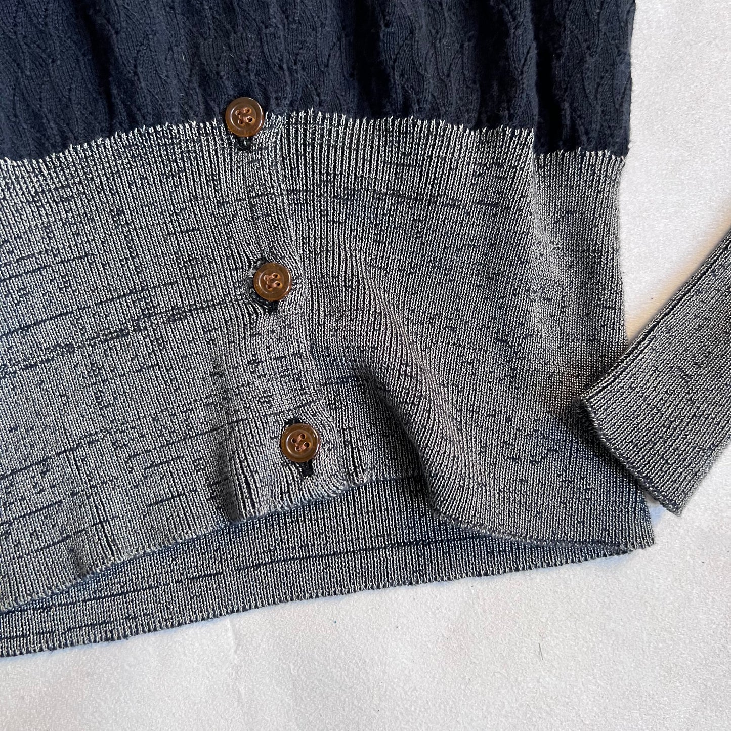 vivienne westwood red label navy grey lacey pointelle contrast long sleeve cinched waist cardigan