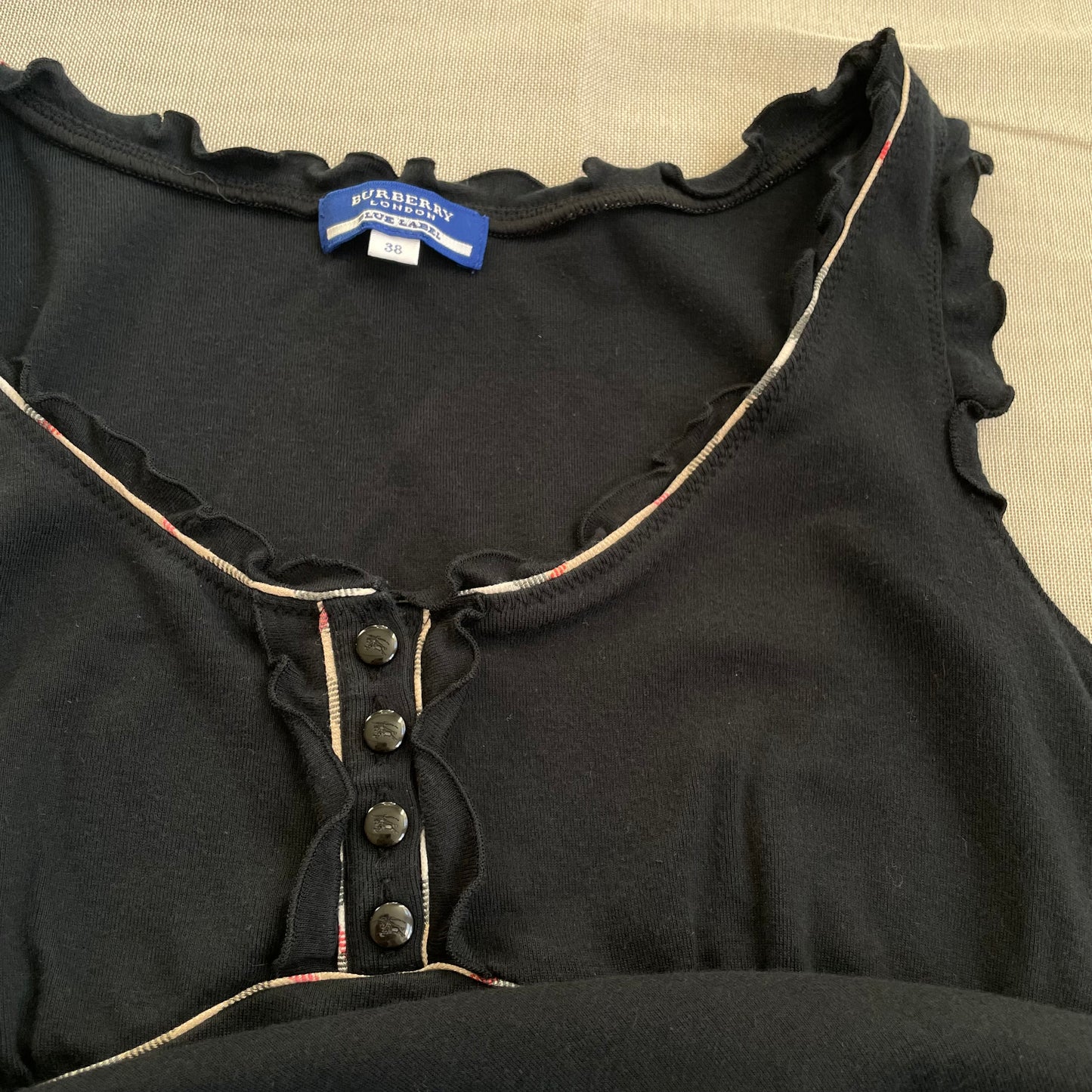 burberry blue label black balletcore frill nova check piping milkmaid style vest top