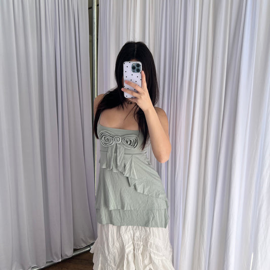Muted Turquoise Blue Rosette Bow Tiered Ruffle Twinset Camisole