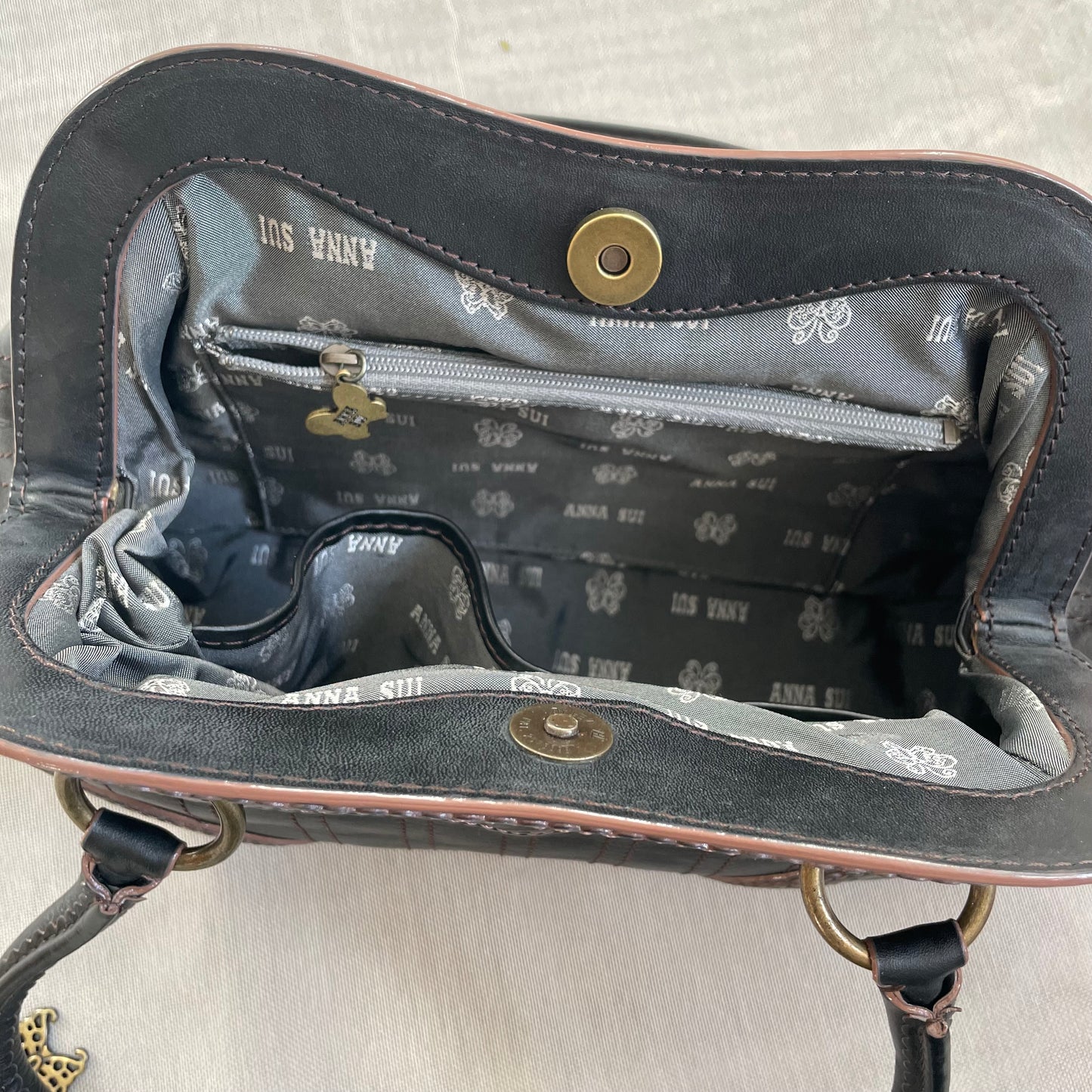 balletcore black leather anna sui panelled curved shoulder bag