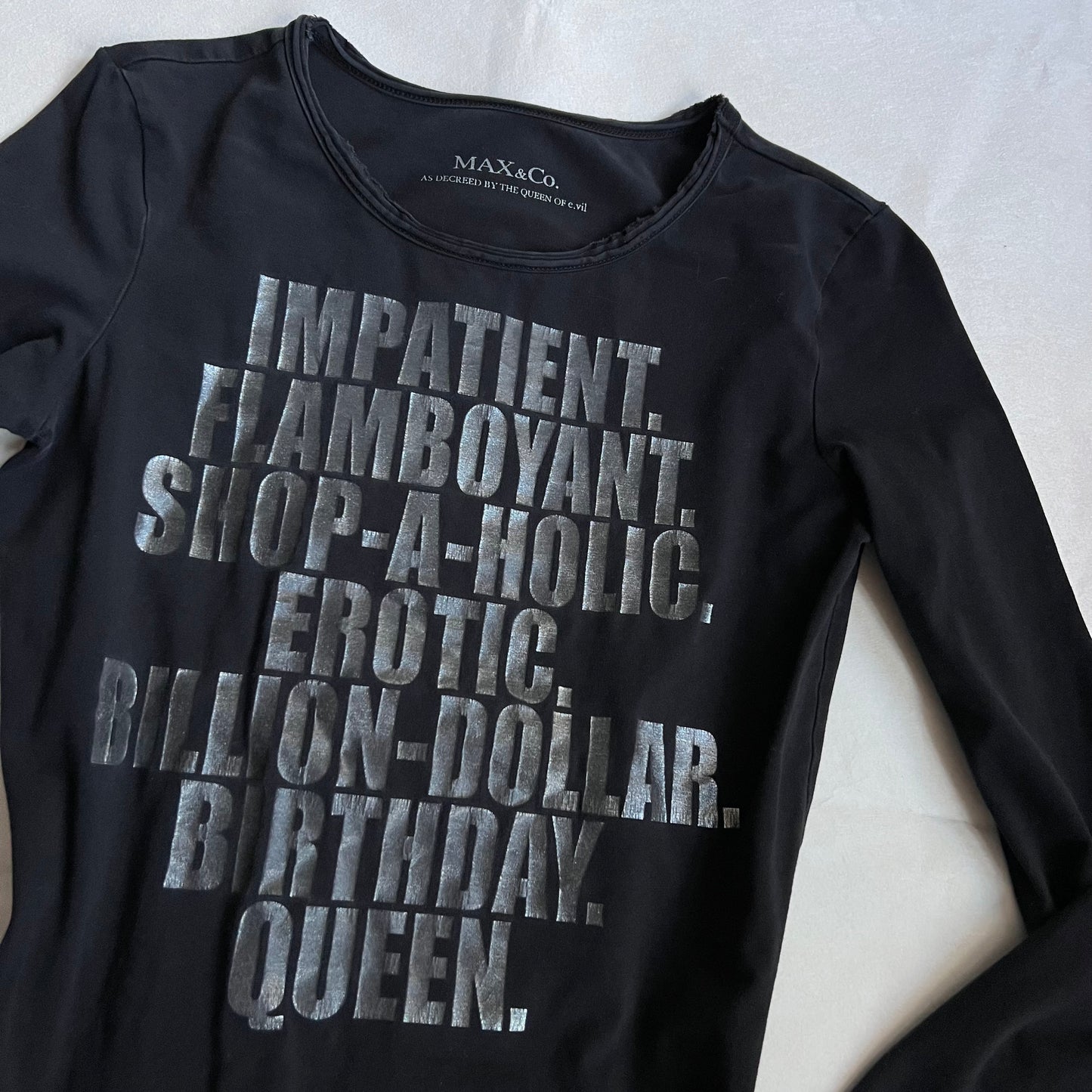 max & co vintage long sleeve dark grey graphite metallic text fitted shirt