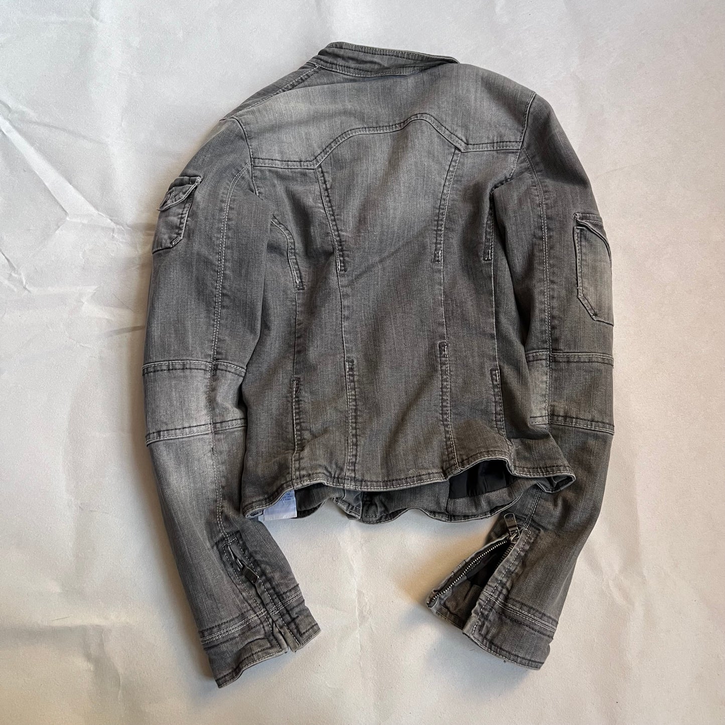 vintage bsk grey utility faded grey pocket long sleeve high neck zip jacket