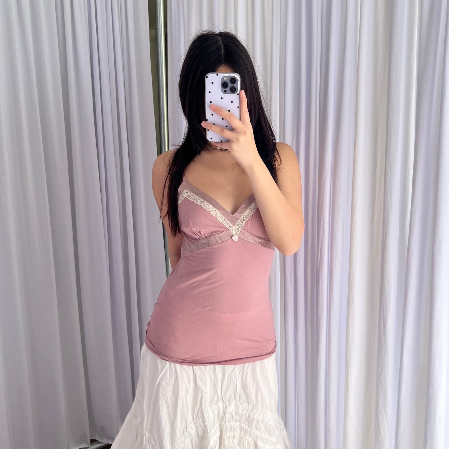 Romantic Twin Set Muted Pink Silk Trim Rosette Bud Lacey Trim Camisole