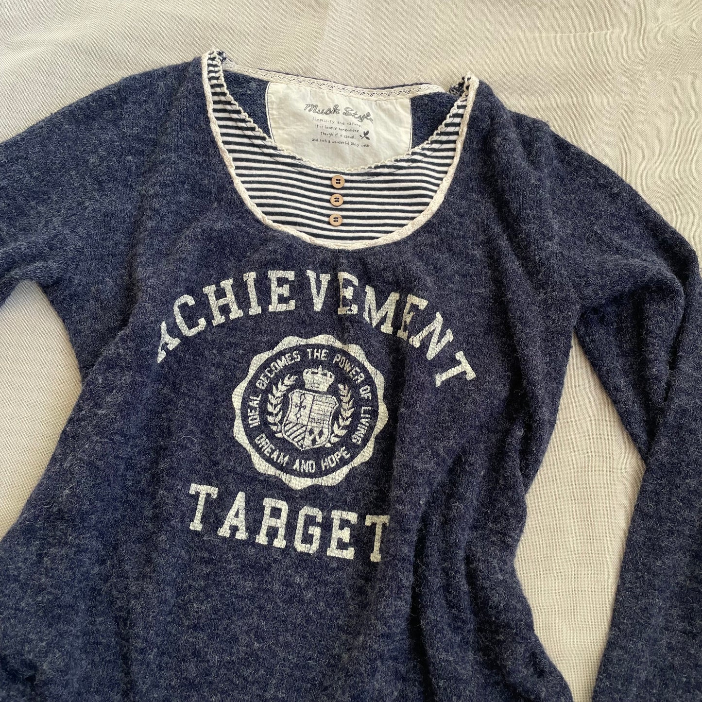 navy x white striped faux layered varsity print top