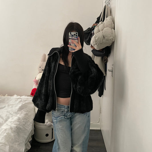 zucca black grey striped oversized batwing faux fur jacket