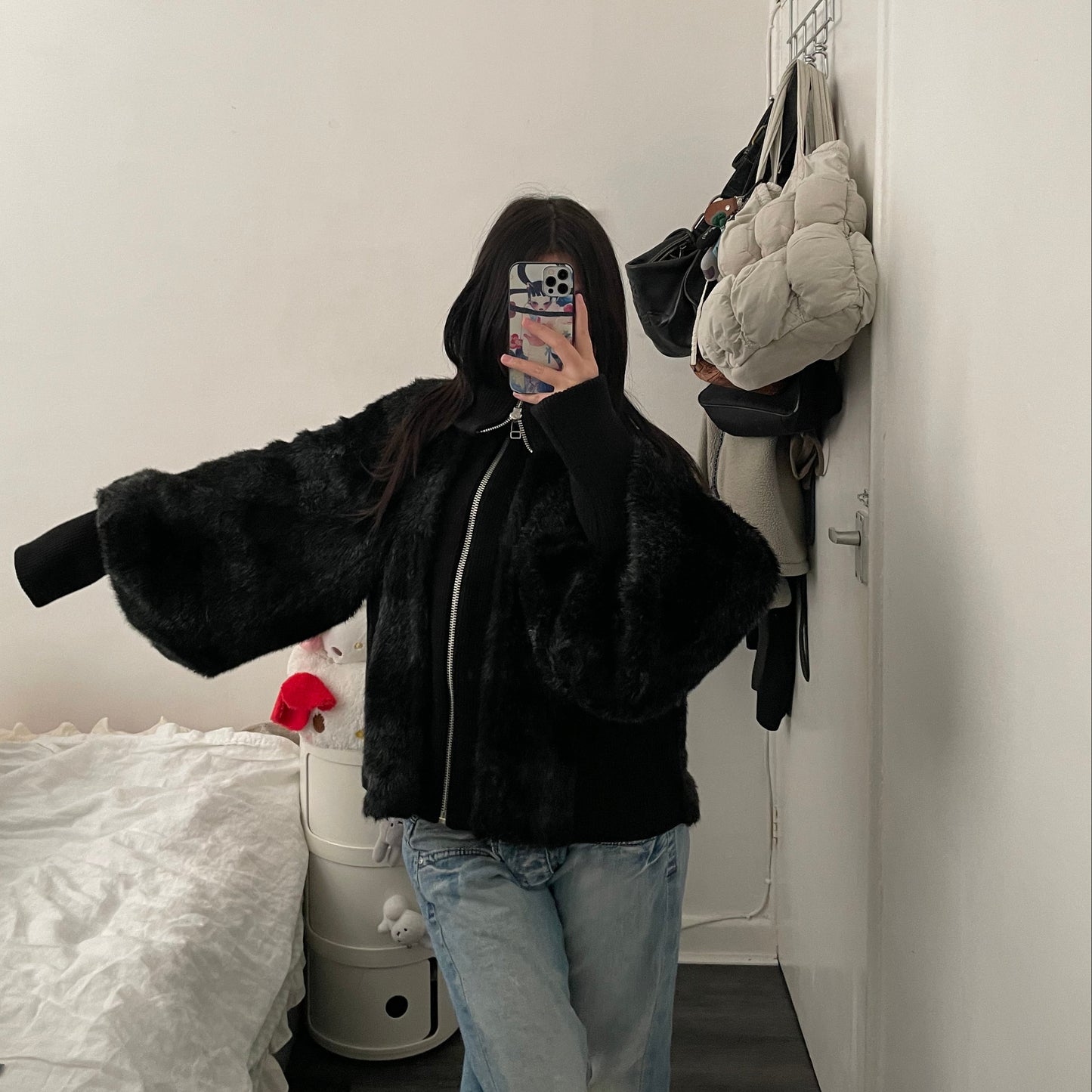 zucca black grey striped oversized batwing fur jacket