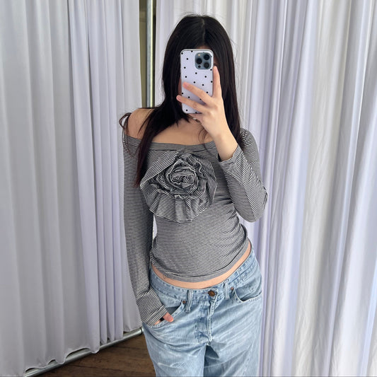 White Black Striped Wide Neck Rosette Detail Long Sleeve Top