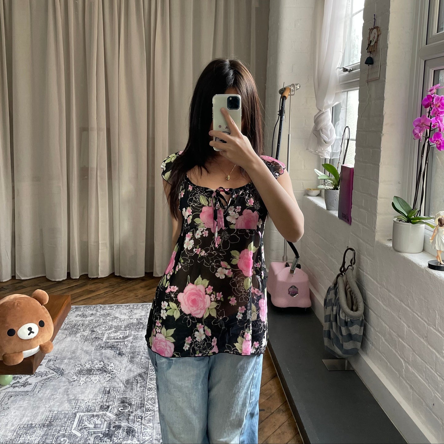 romantic black pink floral short sleeve tunic blouse