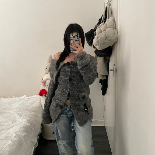 zone bleue grey fluffy knit wide collar asymmetric cardigan jacket