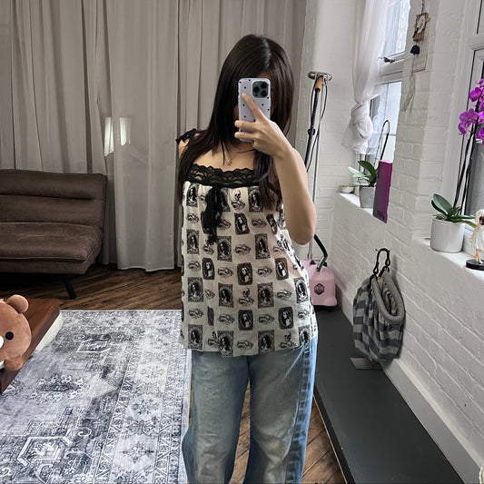 silk hysteric glamour sheer white black ornamental portrait graphic print lace camisole