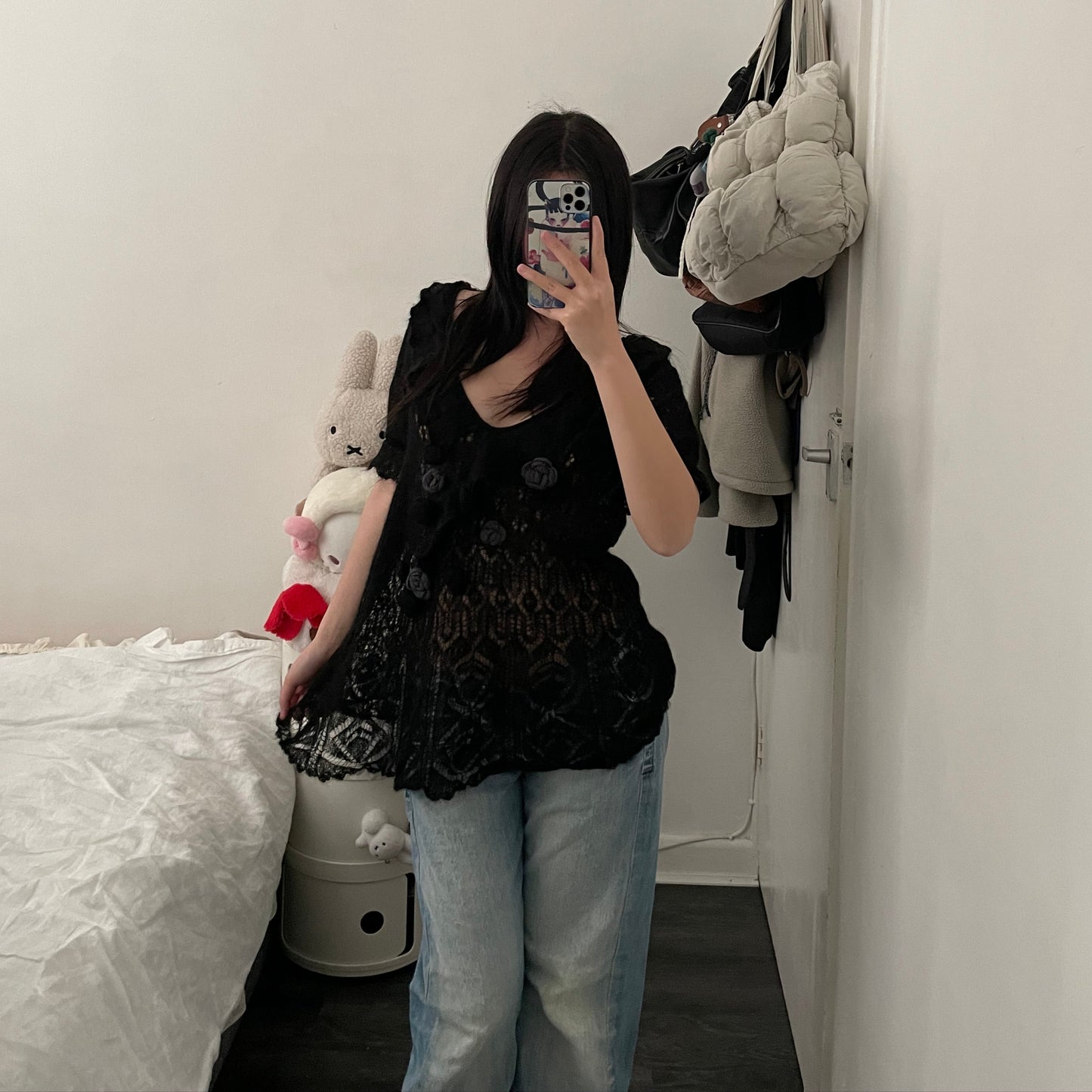 pink house black frilly mohair blend fine knit blouson