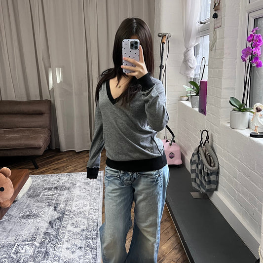 black grey striped g-star striped v neck long sleeve embroidery graphic sweater