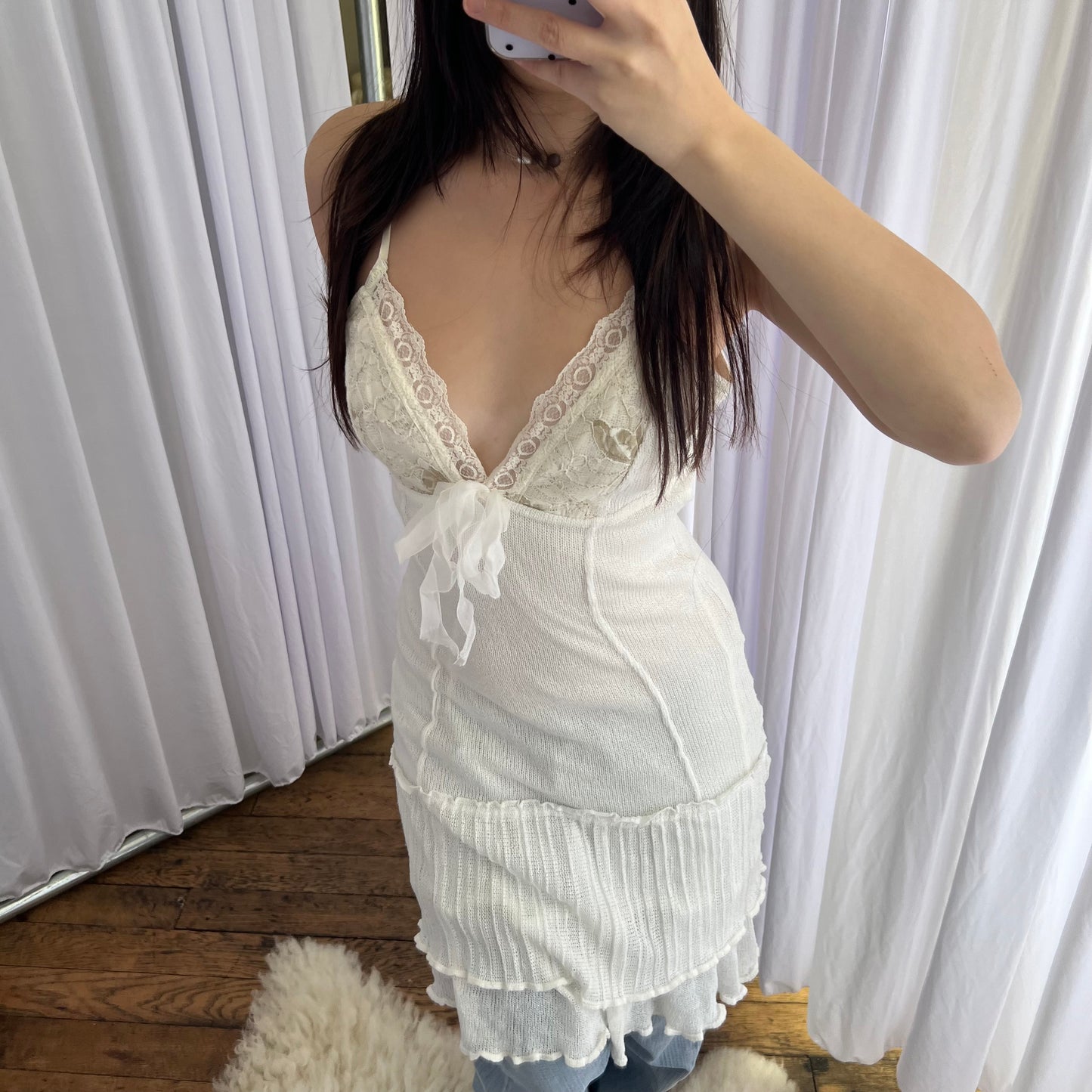 Zone Bleue Romantic White Beige Embroidery Lace Bust Knit Midi Dress