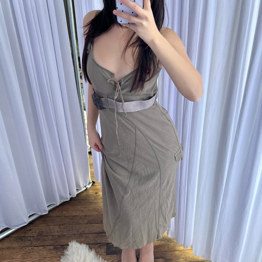 Bouche a Bouche Khaki Faux Suede Lace Up Ornate Filgament Belt Fitted Midi Dress