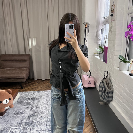 extyn dark grey black short sleeve collared mother of pearl shirt blouse