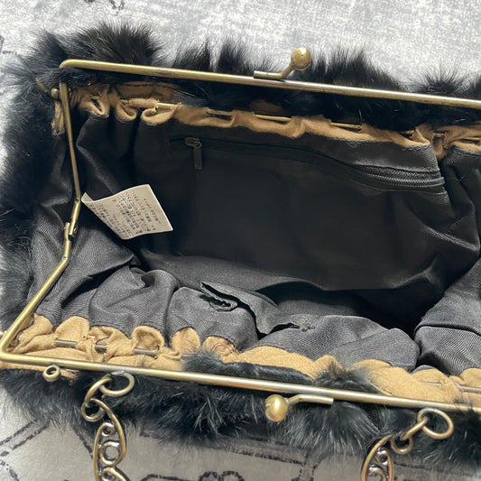 vintage black fluffy rabbit fur brassy ornamental handle clutch bag
