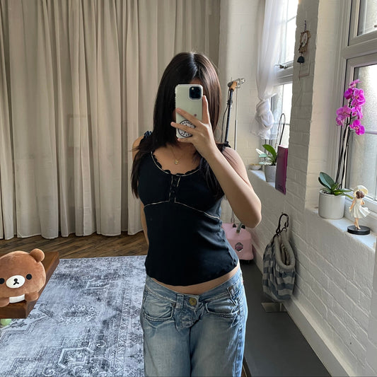 burberry blue label black balletcore frill nova check piping milkmaid style vest top