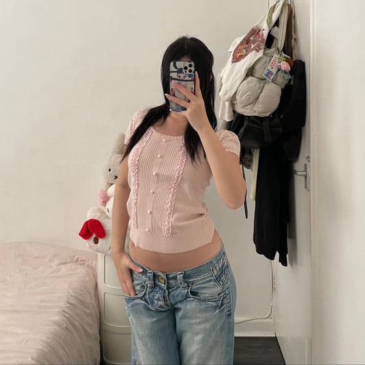 coquette netto di mammina soft pink crochet puff sleeves ribbed knit top