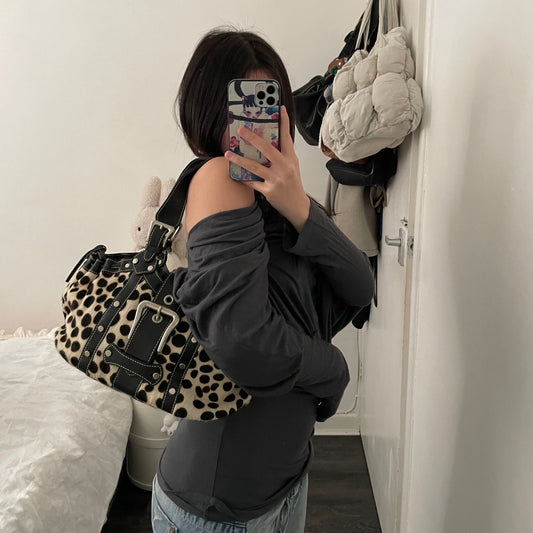 vintage gaia's leather pony hair dalmatian print shoulder bag with buckle detail