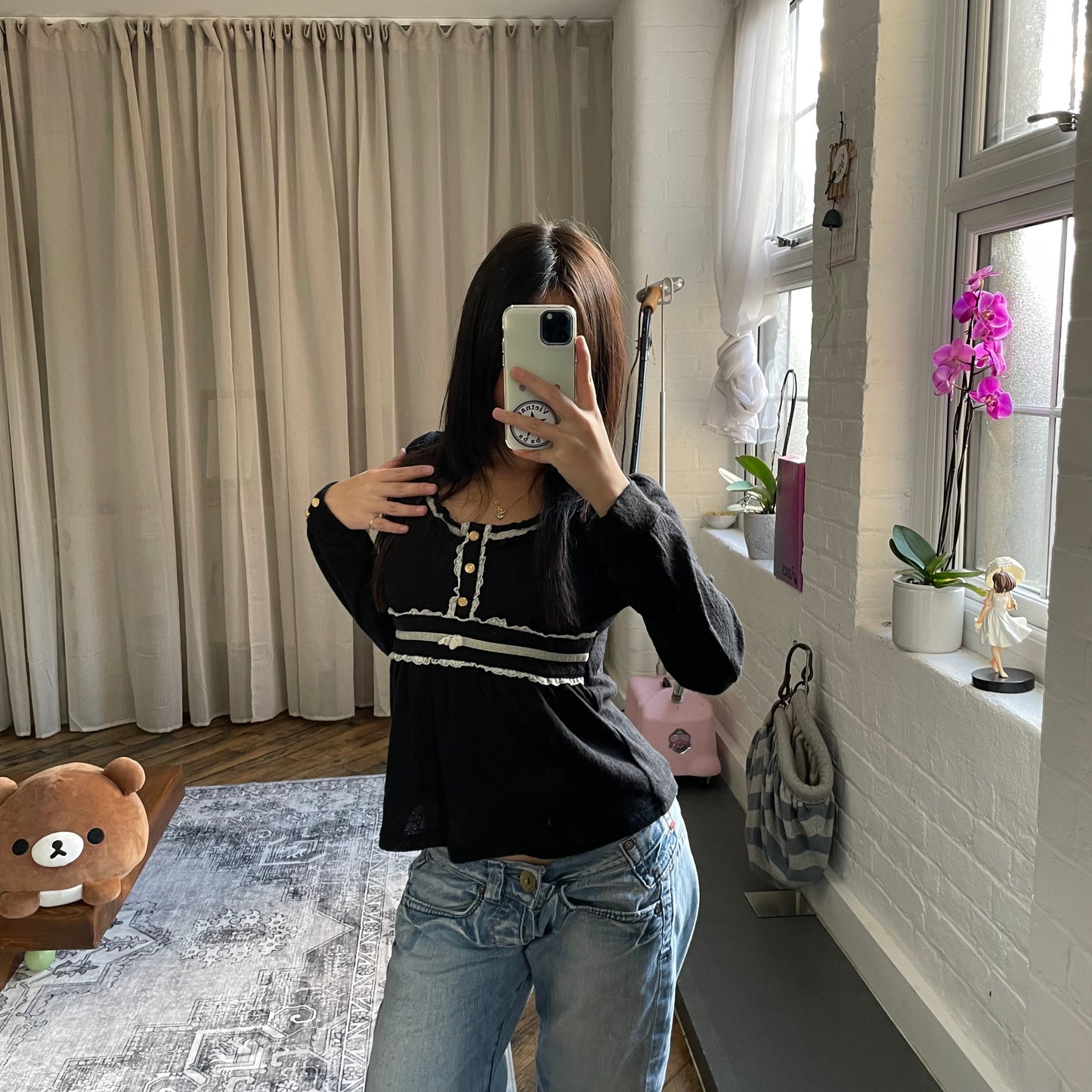 dosch black white lacey trim button accent long sleeve top