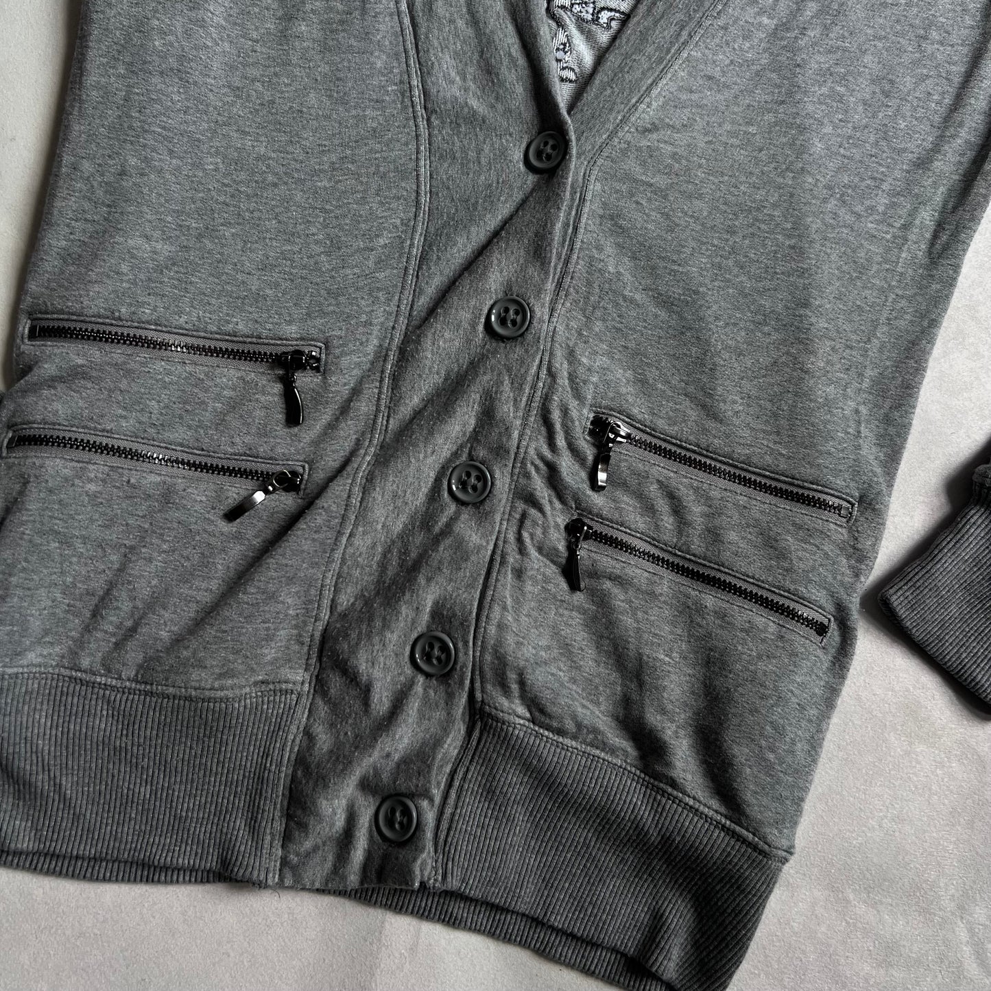 DKNY Grey Dual Zip Embroidered Wings V Neck Cardigan