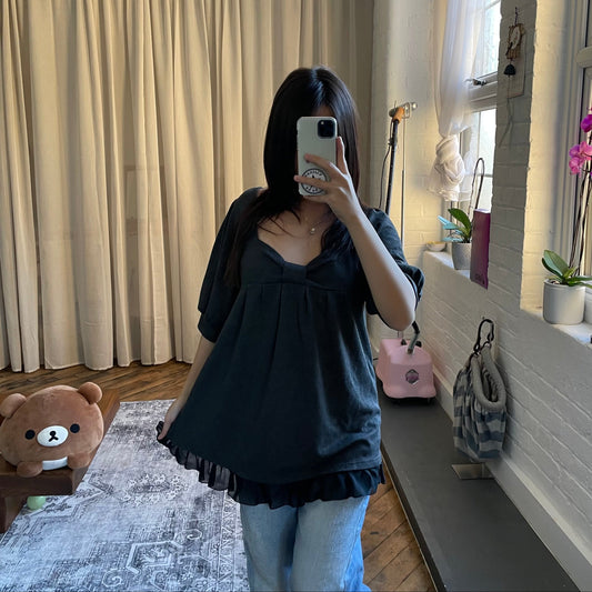 cutie love dark grey half sleeve ribbon cinched bust babydoll tunic top