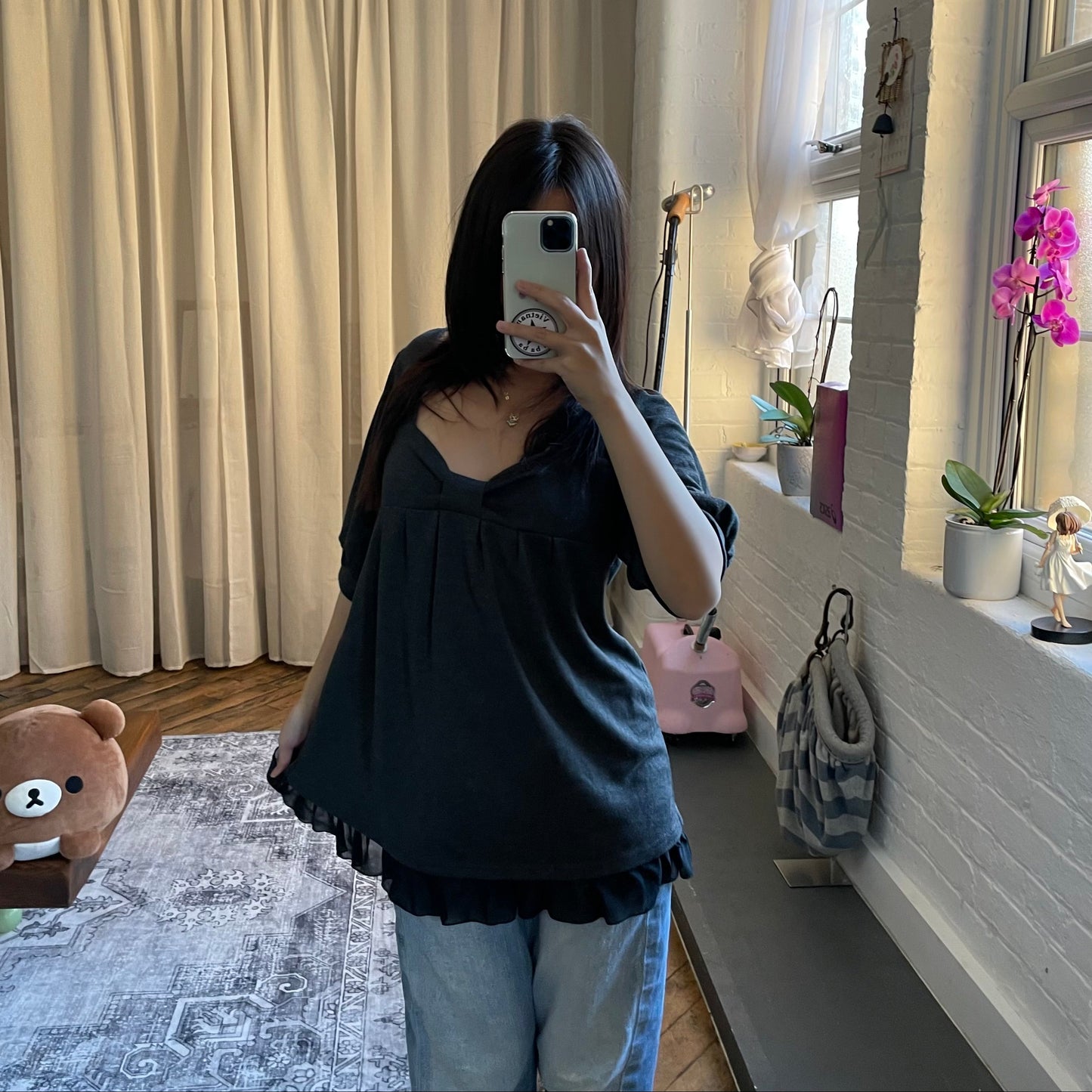 cutie love dark grey half sleeve ribbon cinched bust babydoll tunic top