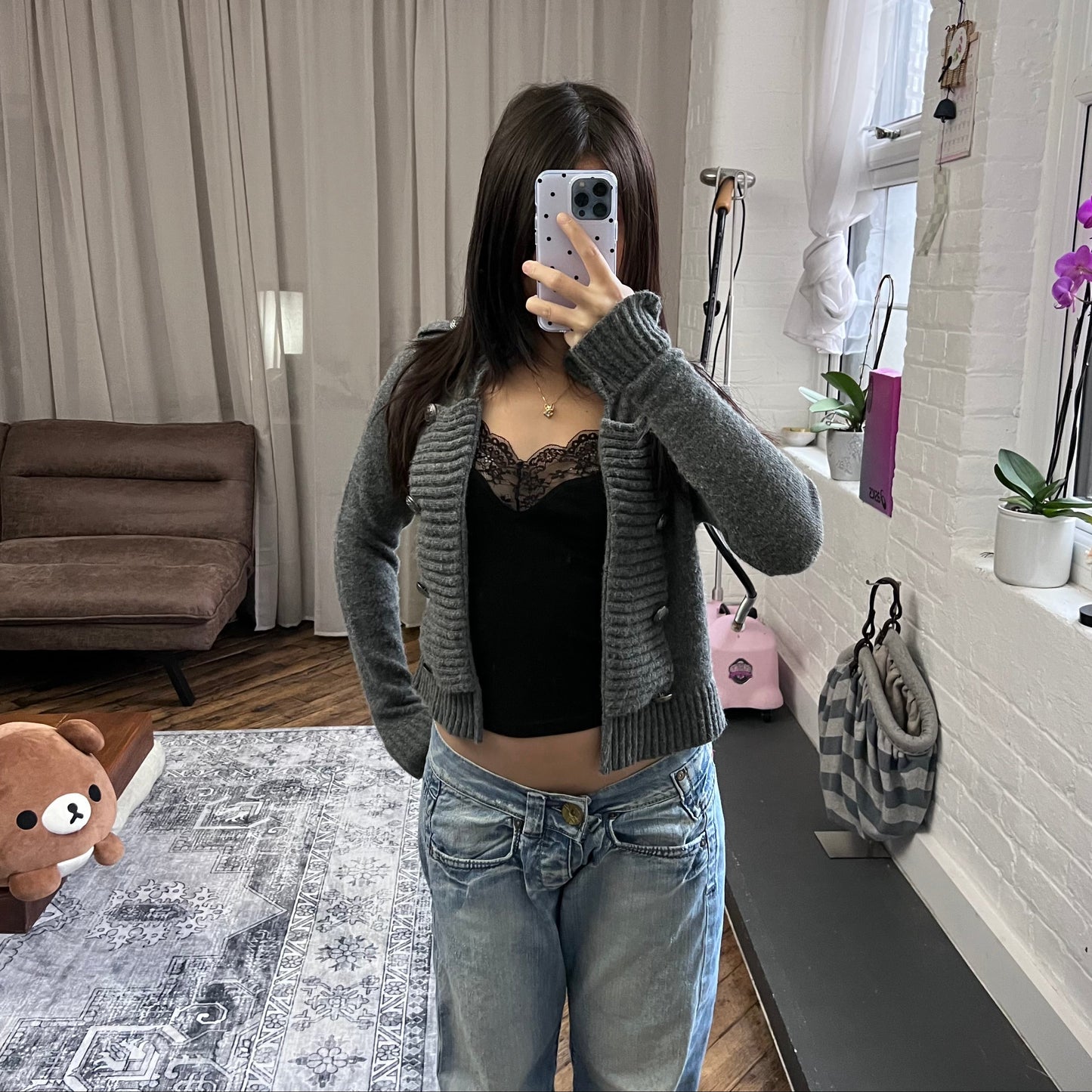 bonobo jeans dark grey collared crop round button open bolero cardigan knit jacket