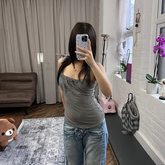 sinequanone black beige striped ruched neck camisole