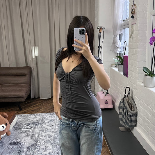 miss sixty grey purple puff sleeve ruched lace up bust fitted blouse shirt