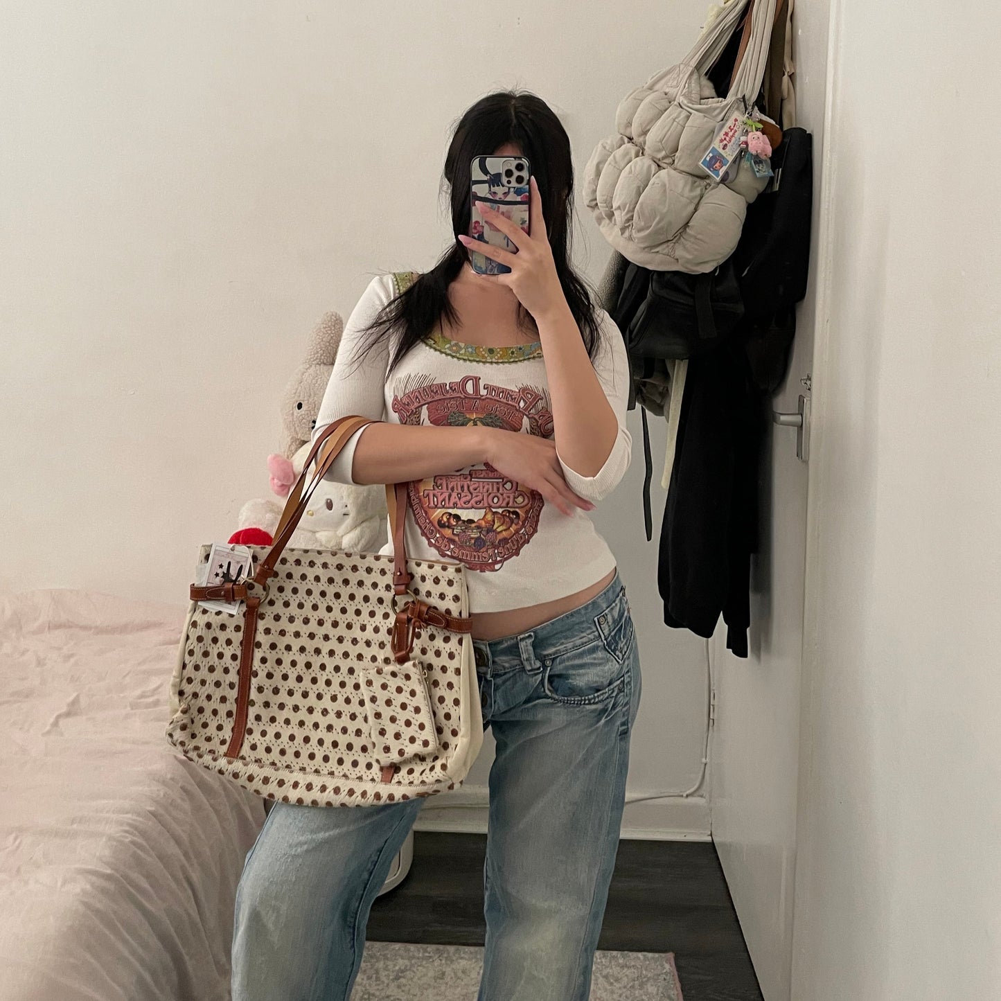 90s perche off white pony hair fur bag with brown polka dot and + detachable wallet detail