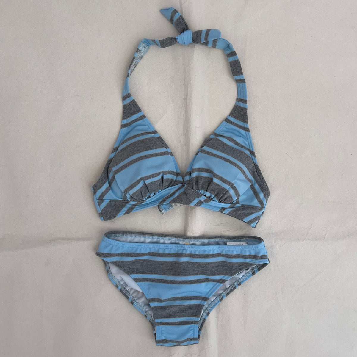 Baby Blue Grey Striped Halter Neck Bikini