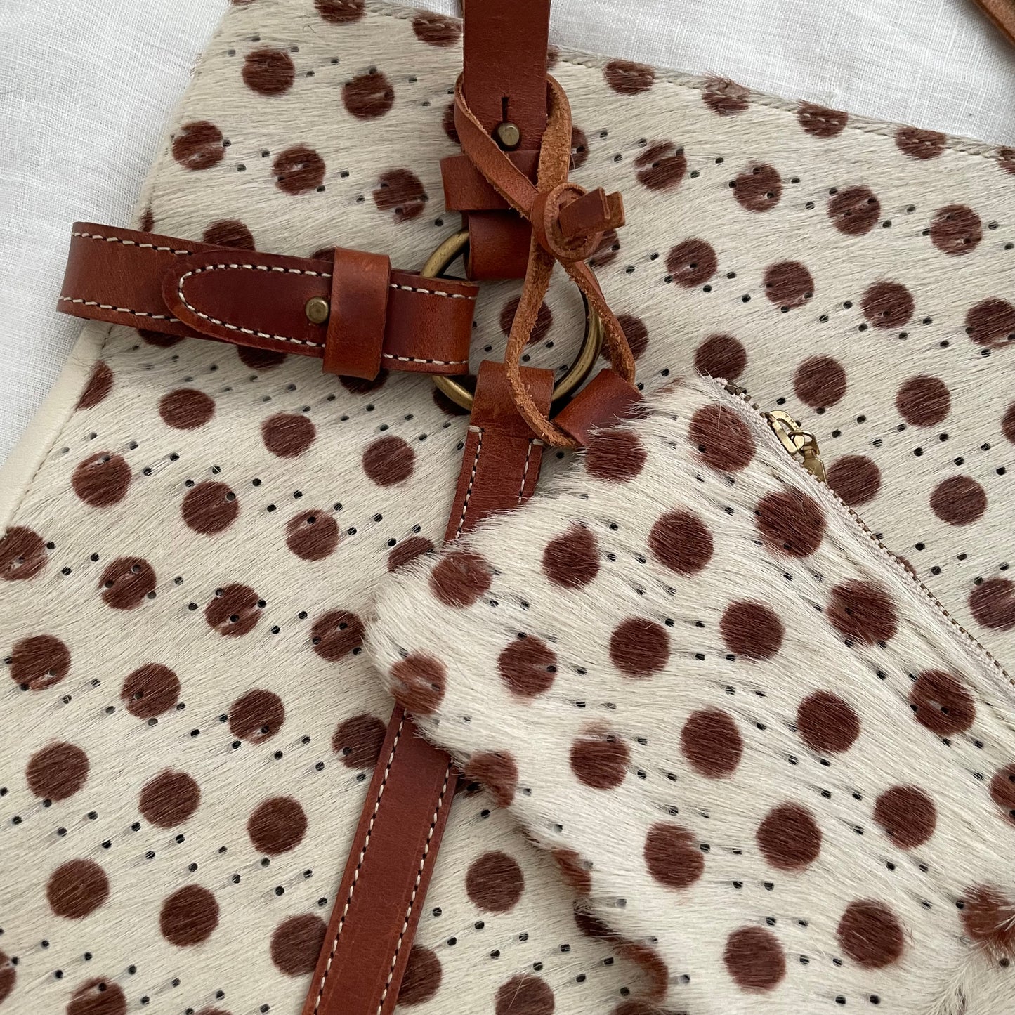 90s perche off white pony hair fur bag with brown polka dot and + detachable wallet detail