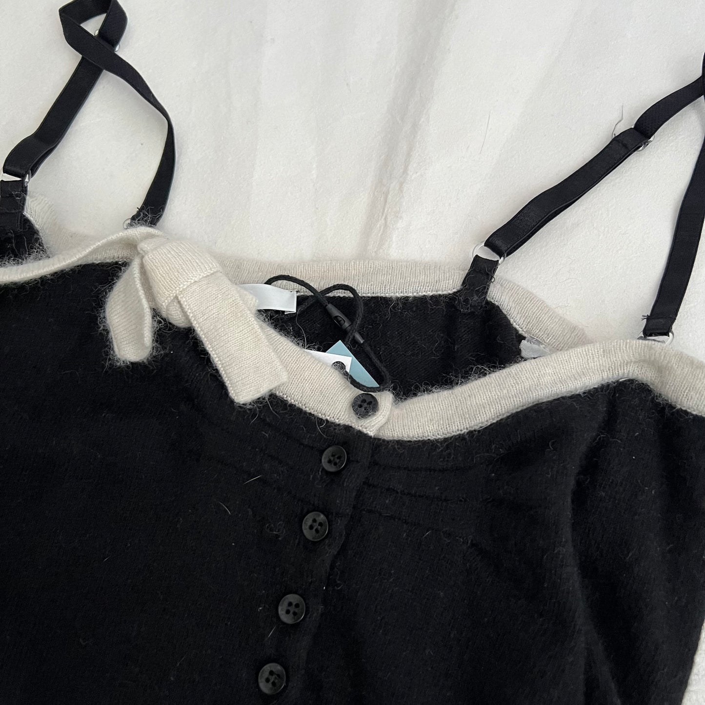 Fairly Black Wool Mohair Blend White Ribbon Pocket Knit Cami