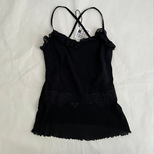 Hysteric Glamour Black Frill Pleated Butterfly Embroidery Criss Cross Long Camisole Top