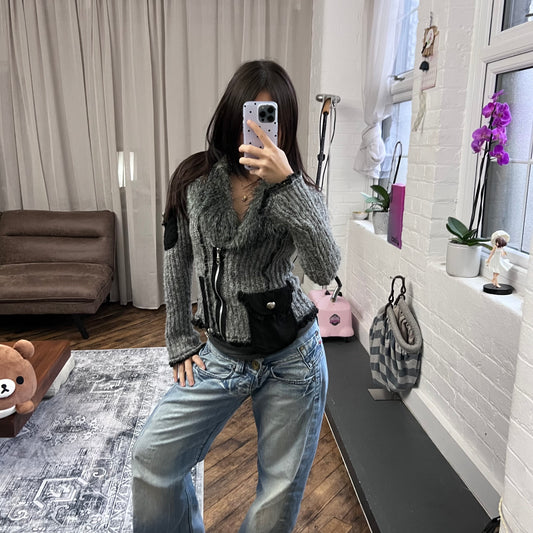 speckled grey fur trim zone bleue knit long sleeve zip cardigan jacket