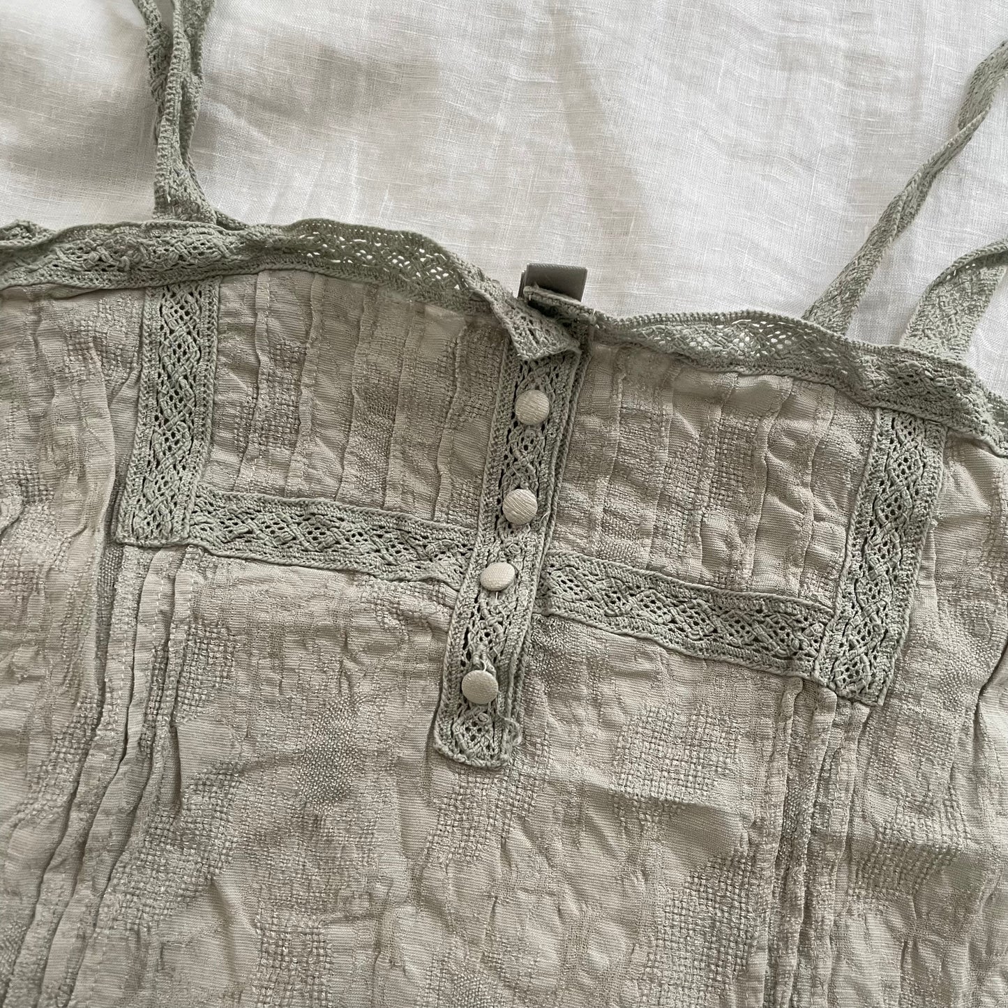 sage green mng linen cotton blend coquette romantic lacey button accent camisole