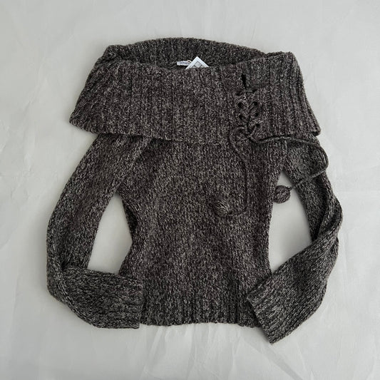 Pimkie Speckled Brown Wool Blend Pom Pom Off Shoulder Folded Knit Sweater