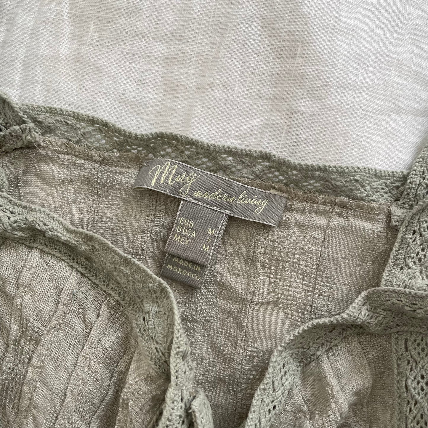 sage green mng linen cotton blend coquette romantic lacey button accent camisole
