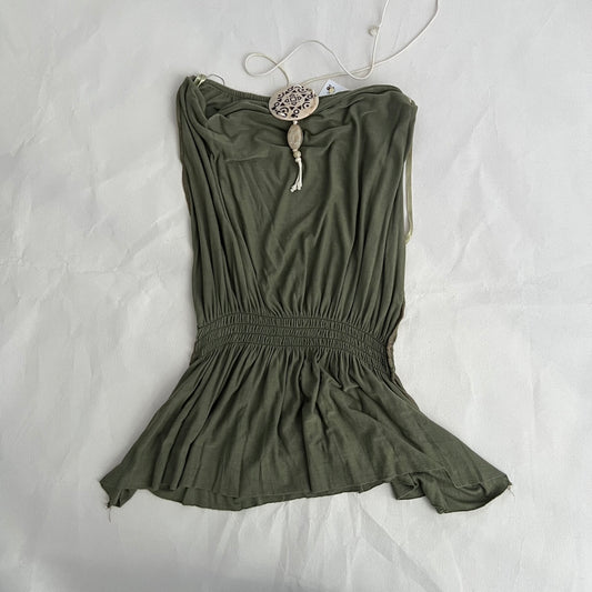 Khaki Reds Boho Eurosummer Ruched Drop Waist Charm Bandeau Tunic