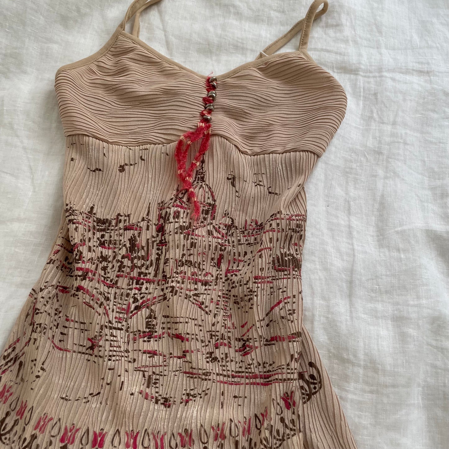 save the queen beige boho western print pink accent ruffle hem midi dress