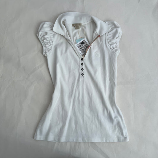 White Burberry Brit Ruched Puff Sleeve Fitted 1/4 Button Polo Top