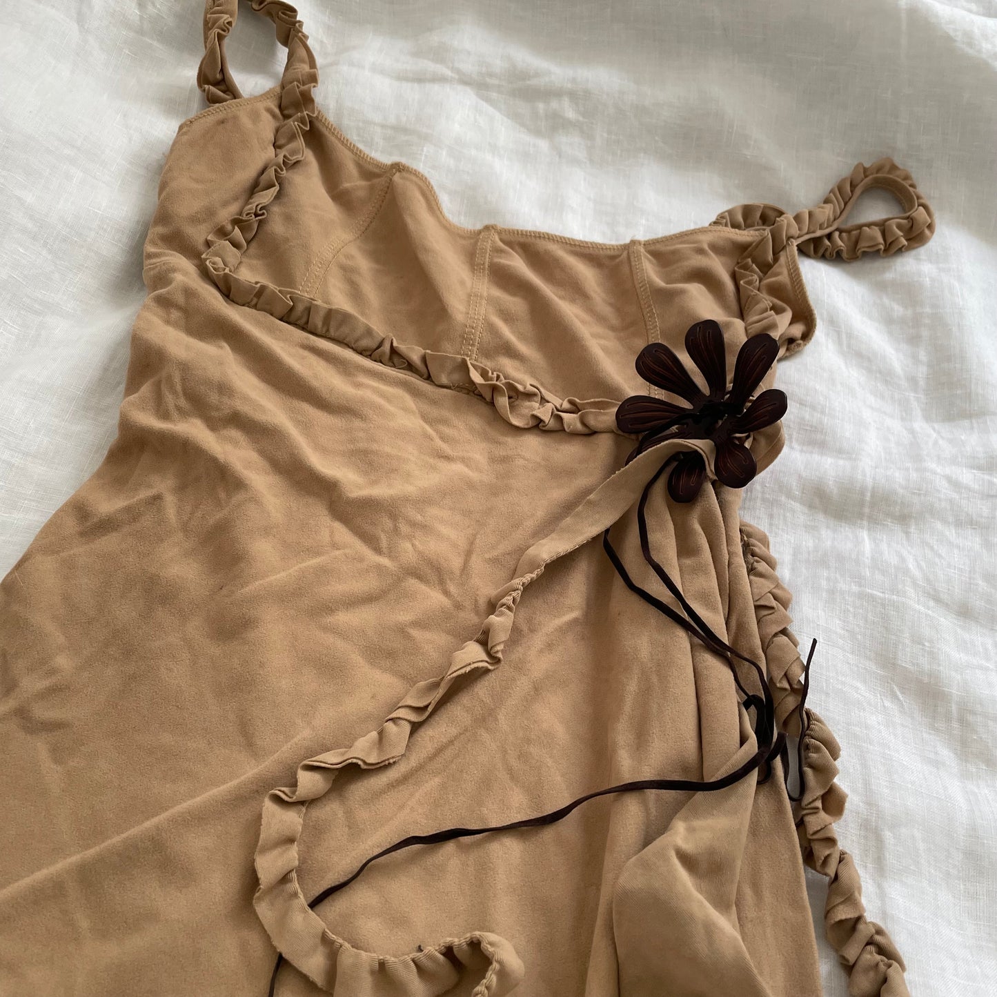 bouche a bouche faux suede brown eurosummer boho wooden flower maxi dress