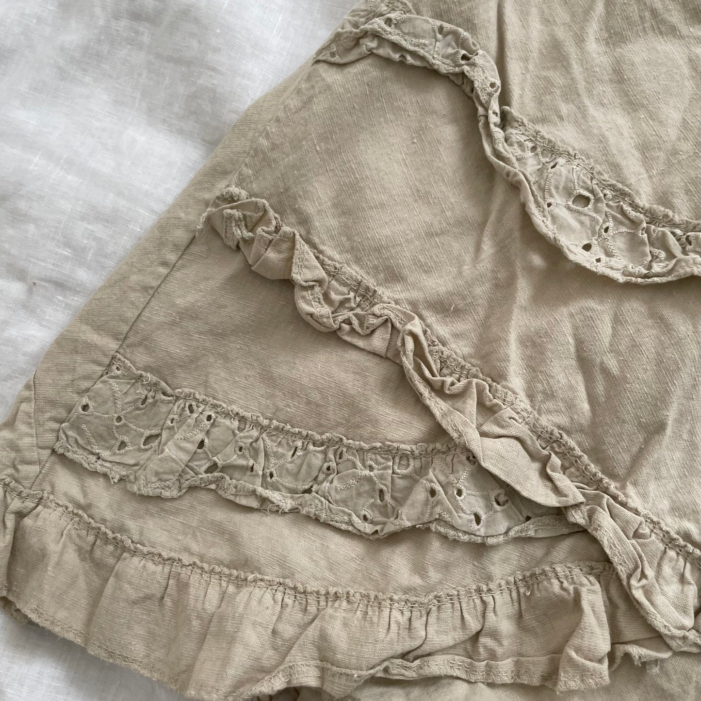 beige linen blend broderie anglaise prairie a line midi dress