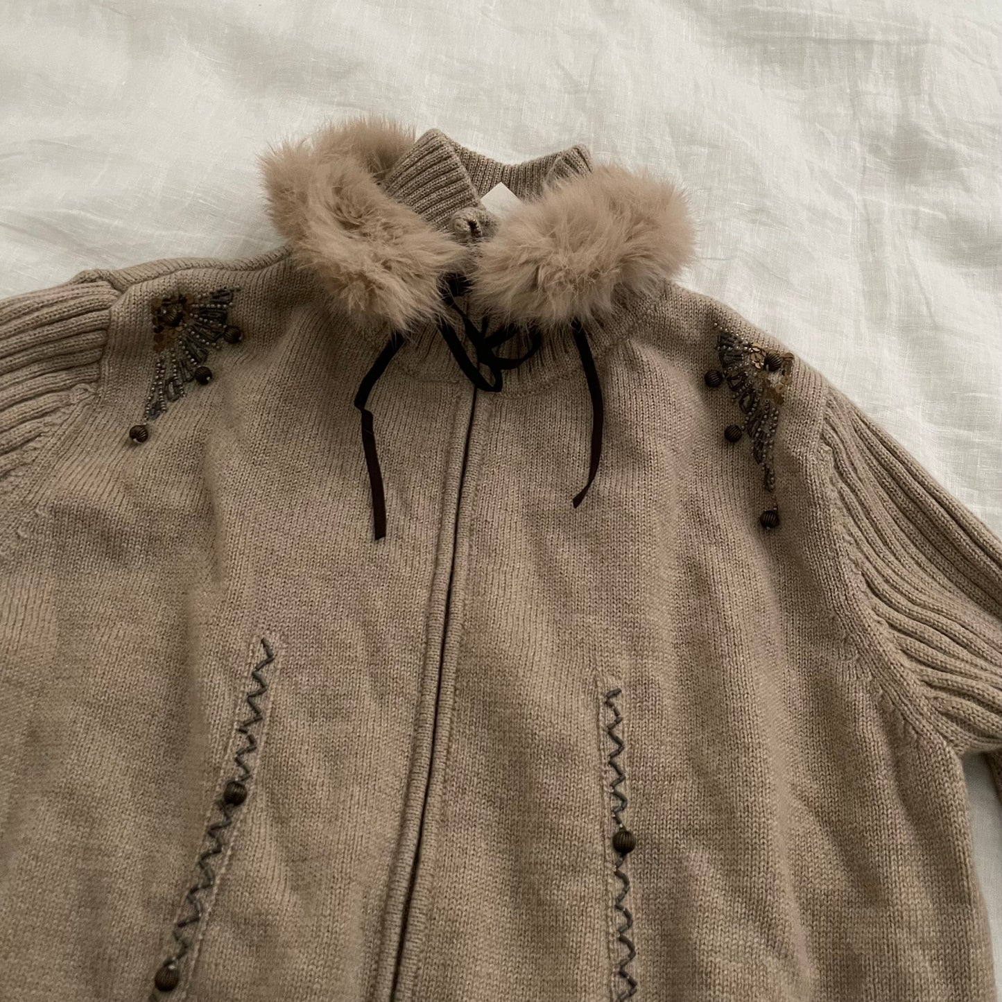 ivisuto beige brown rabbit fur collar embroidery wool knit cardigan jacket