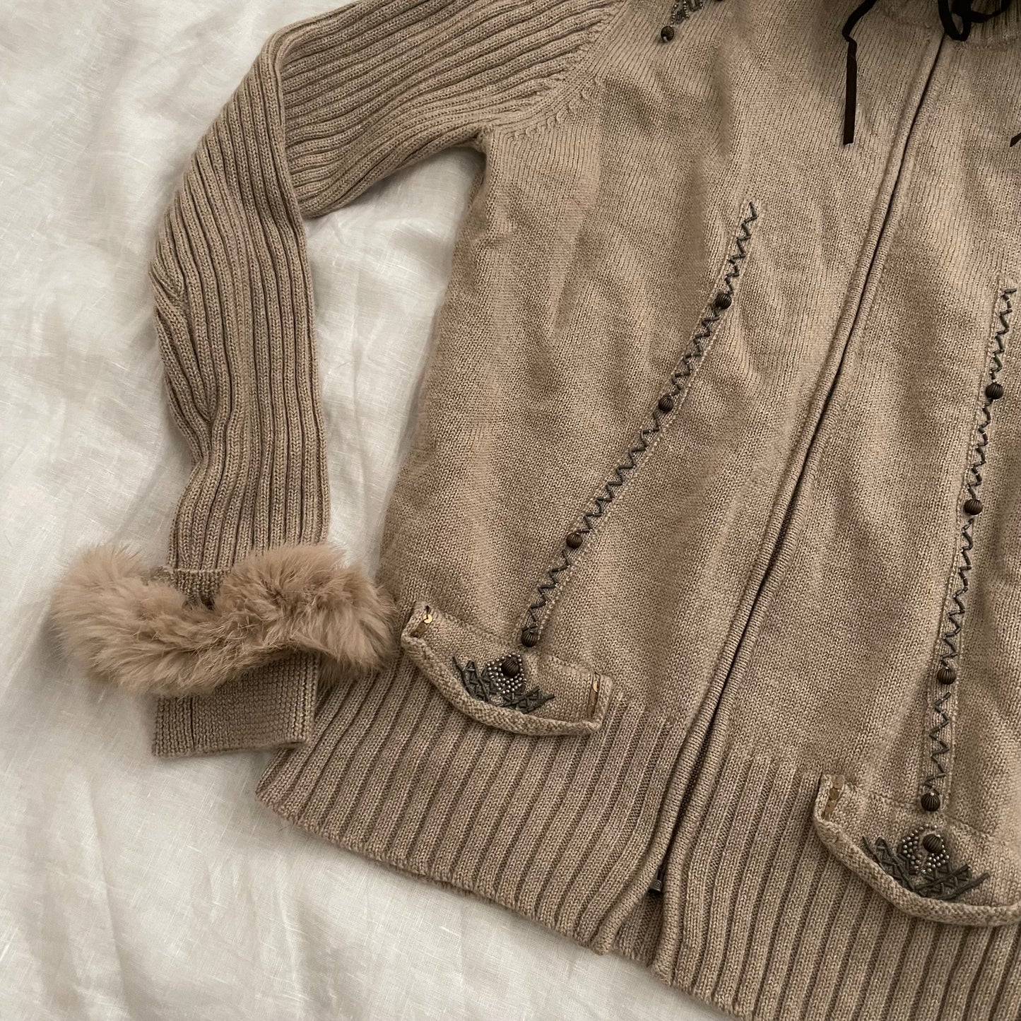 ivisuto beige brown rabbit fur collar embroidery wool knit cardigan jacket