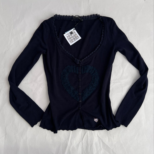 Twin Set Romantic Black Ruffle Tulle Lacey Heart Long Sleeve Cardigan Top