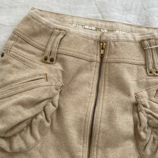 双标准米色羊毛混纺褶皱泡泡袖口袋双拉链及膝裙