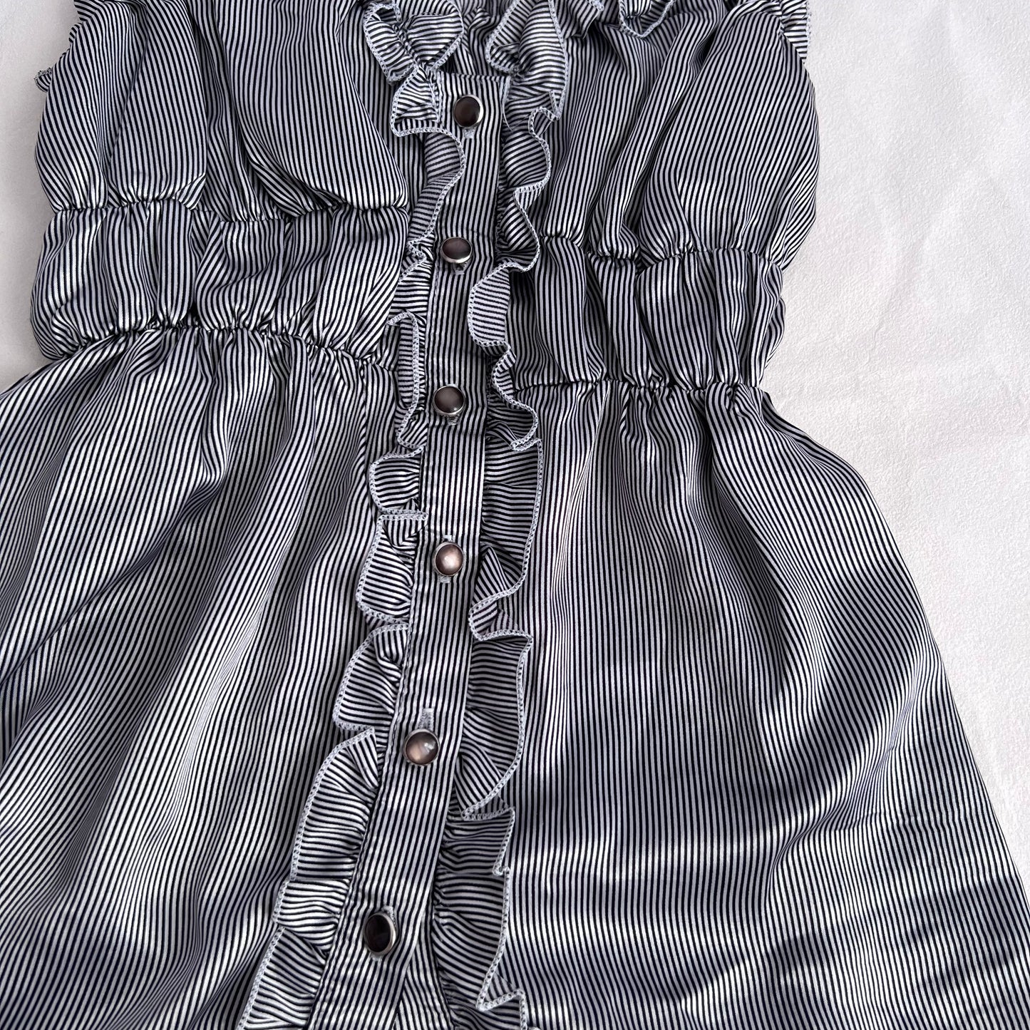 Vintage Pinstripe Silk Blend Ruched Ruffle Trim Babydoll Camisole