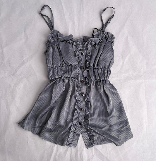 Vintage Pinstripe Silk Blend Ruched Ruffle Trim Babydoll Camisole